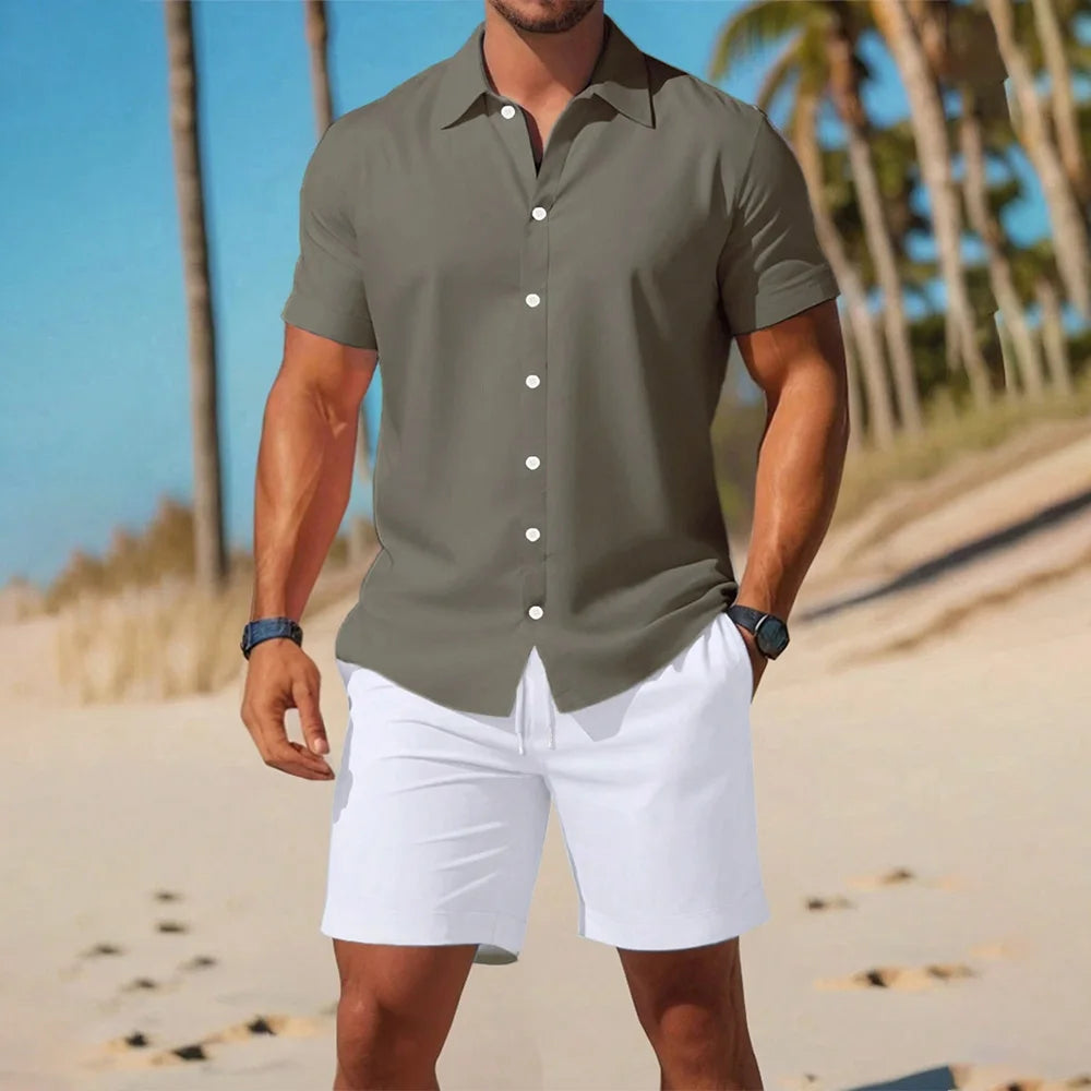 Men's Solid Color 2-Piece Set Button Down Shirt And Drawstring