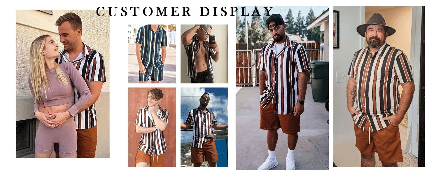 Casual Men's Striped Printed Shirt And Shorts 2 Piece Set Lapel Short