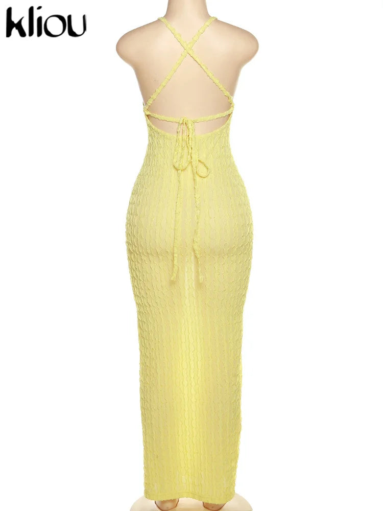 Kliou Solid Ruched Spaghetti Strap Bandage Maxi Dress Women